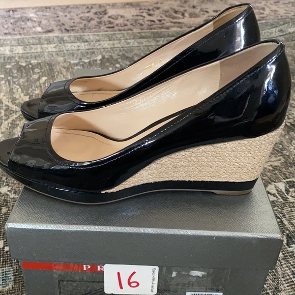 Prada Black Patent Leather Peep Toe Wedge Sandal - Picture 2 of 6